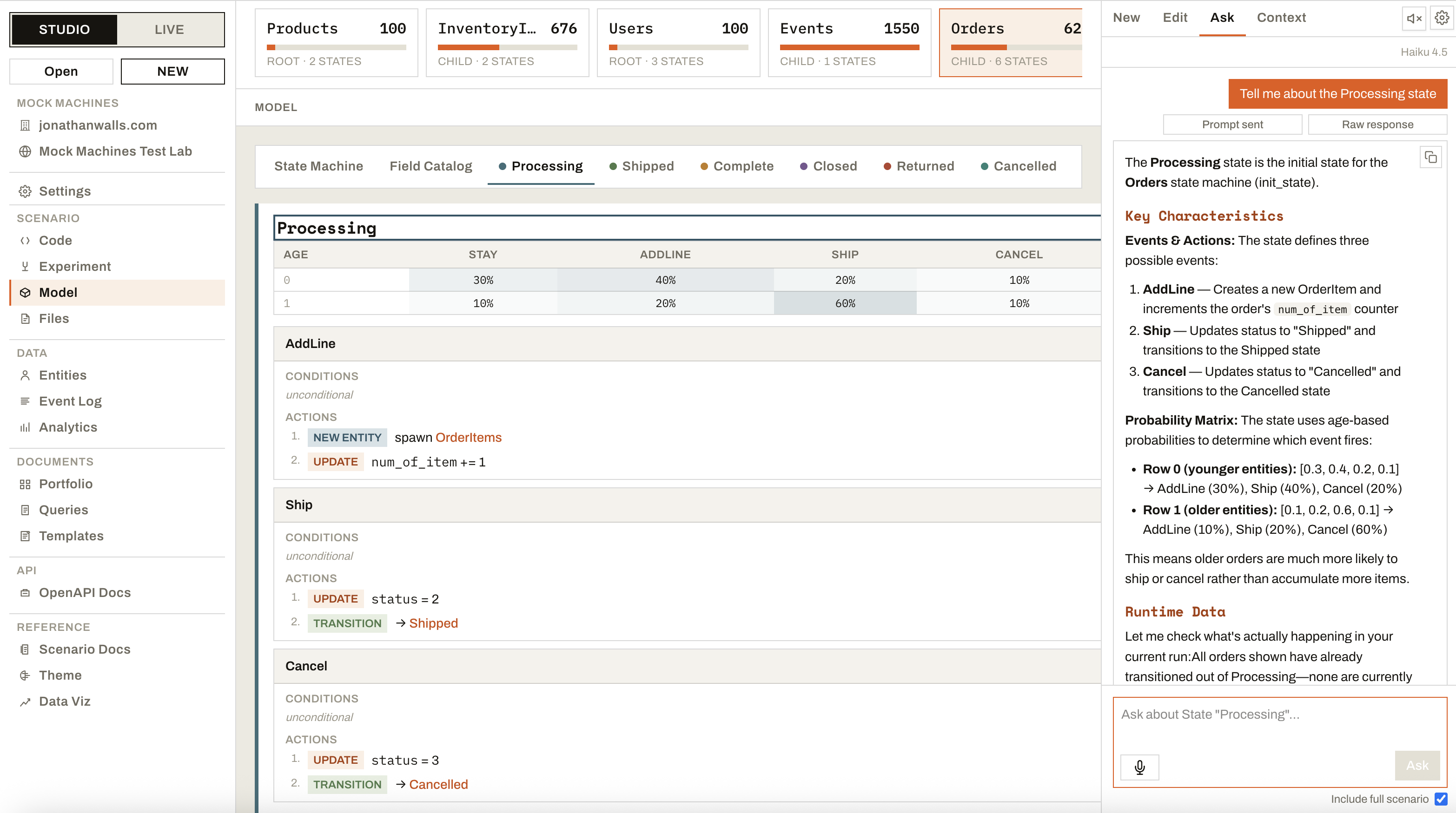 Go beyond the prompt to tweak states, transitions, probability matrices, manually or via the agentic editor